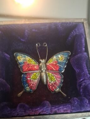 Vintage Colorful Butterfly Brooch - Multicolor Glitter Enamel. Missing Bar Clasp